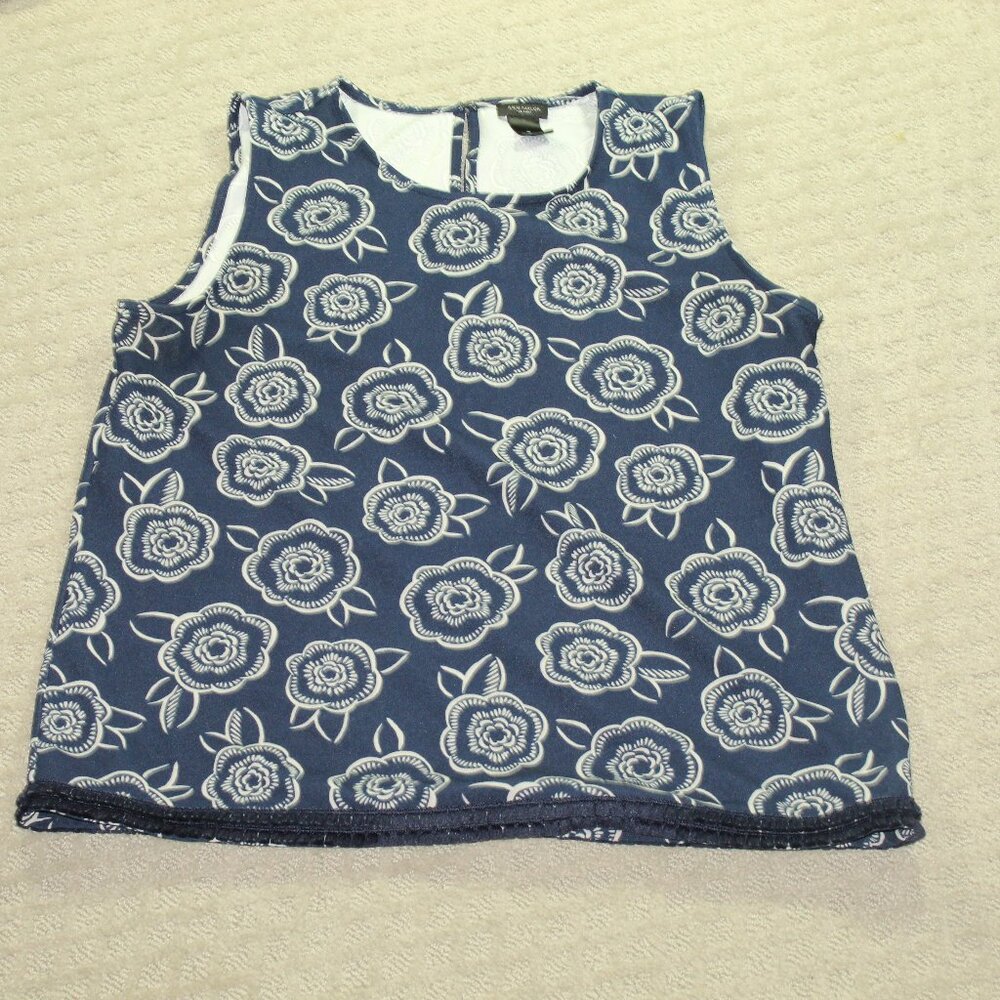 Ann Taylor Factory Women's M Navy Blue Grey Floral Sleeveless Stretchy Blouse